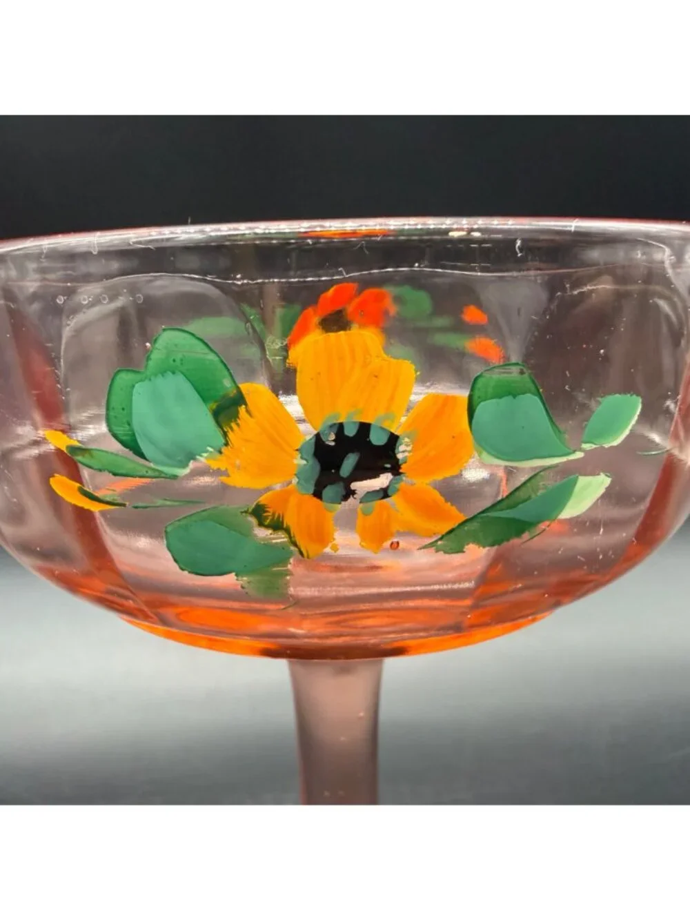 Vintage Pink Depression Glass Compote Hand Painted Floral Bowl Dish Centerpiece